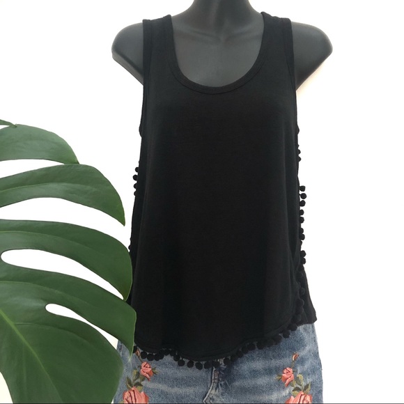 Country Road Tops - Country Road XS Linen Tank Top Pom Pom Trim Black Staple piece Hi-low Hemline